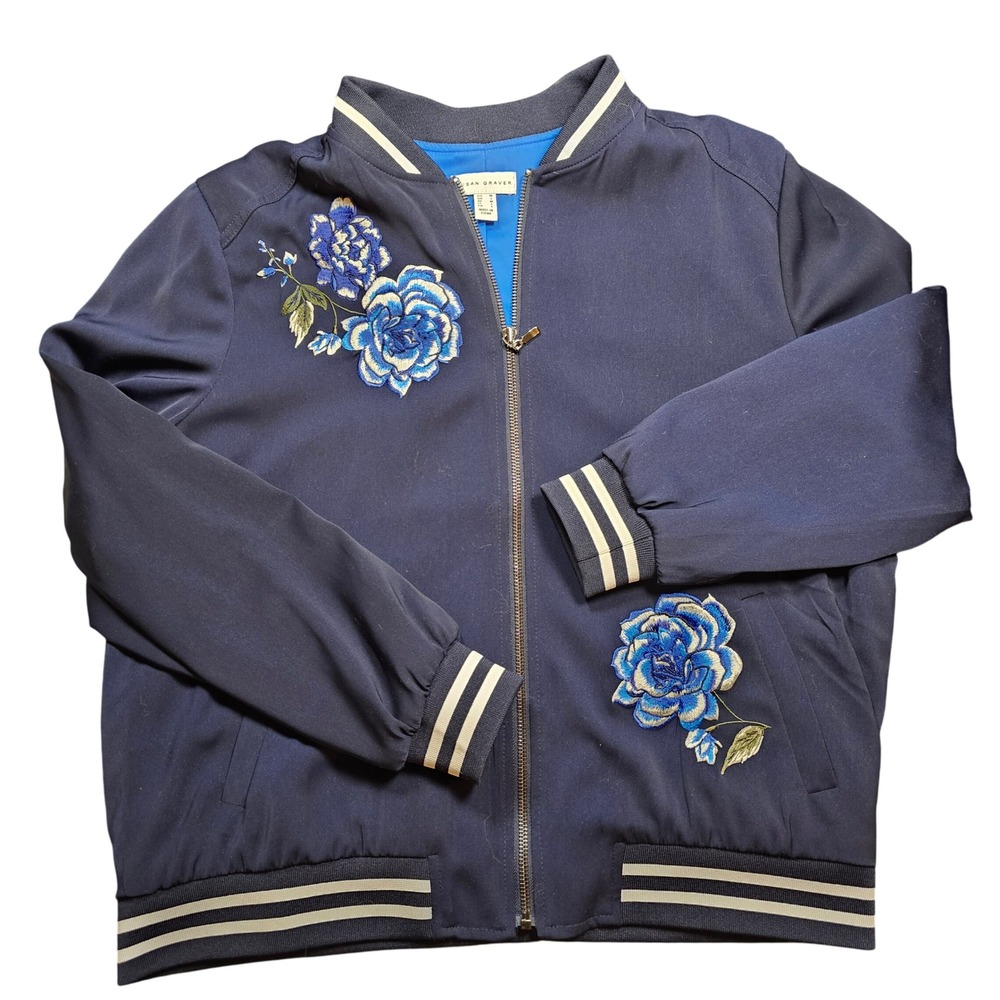 Susan Graver Navy Blue‎ Bomber Jacket Floral Embroidered Womens M Grandmacore